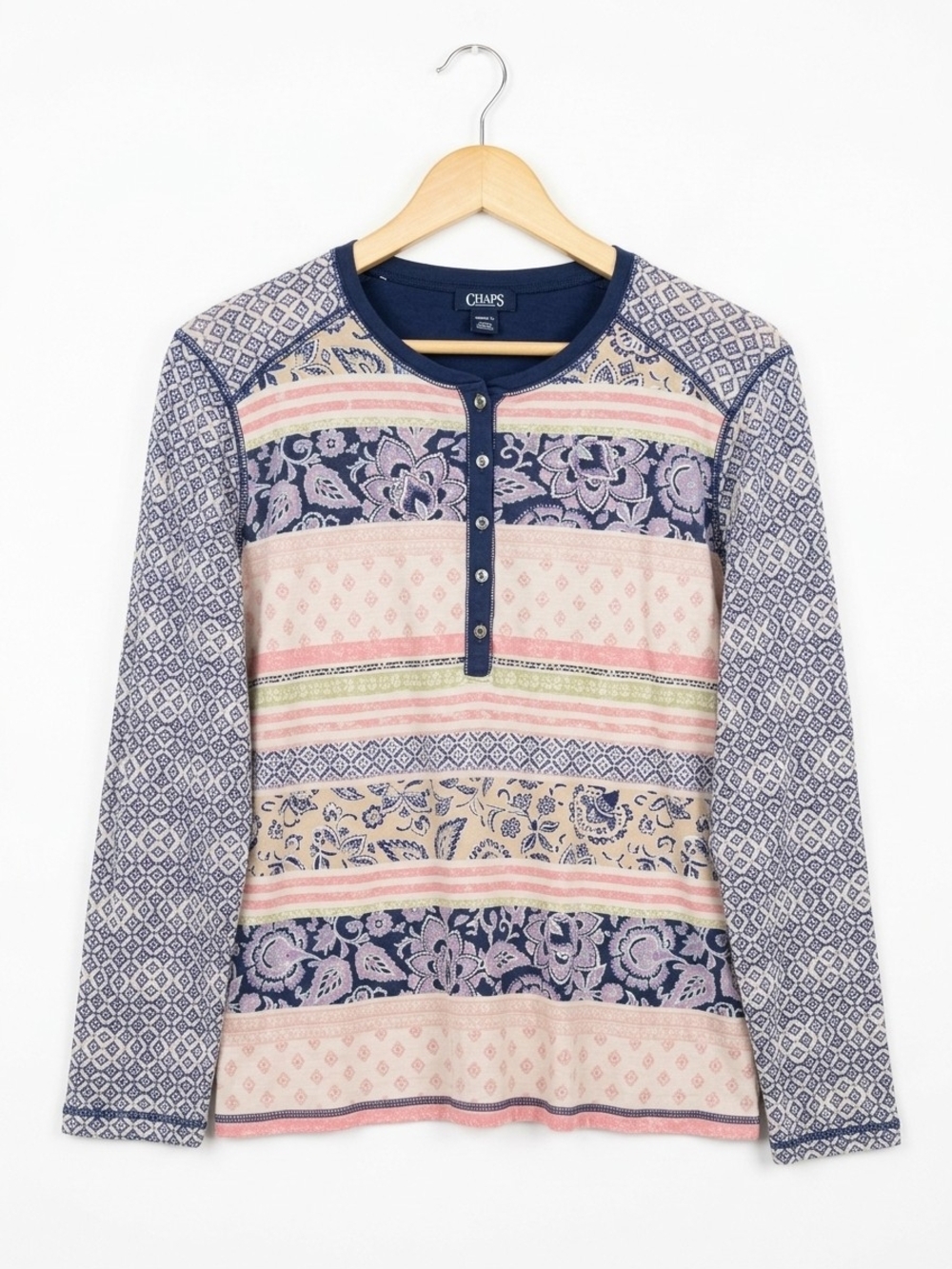 Chaps Navy, Pink & Cream Mixed-Print Henley Long Sleeve Top